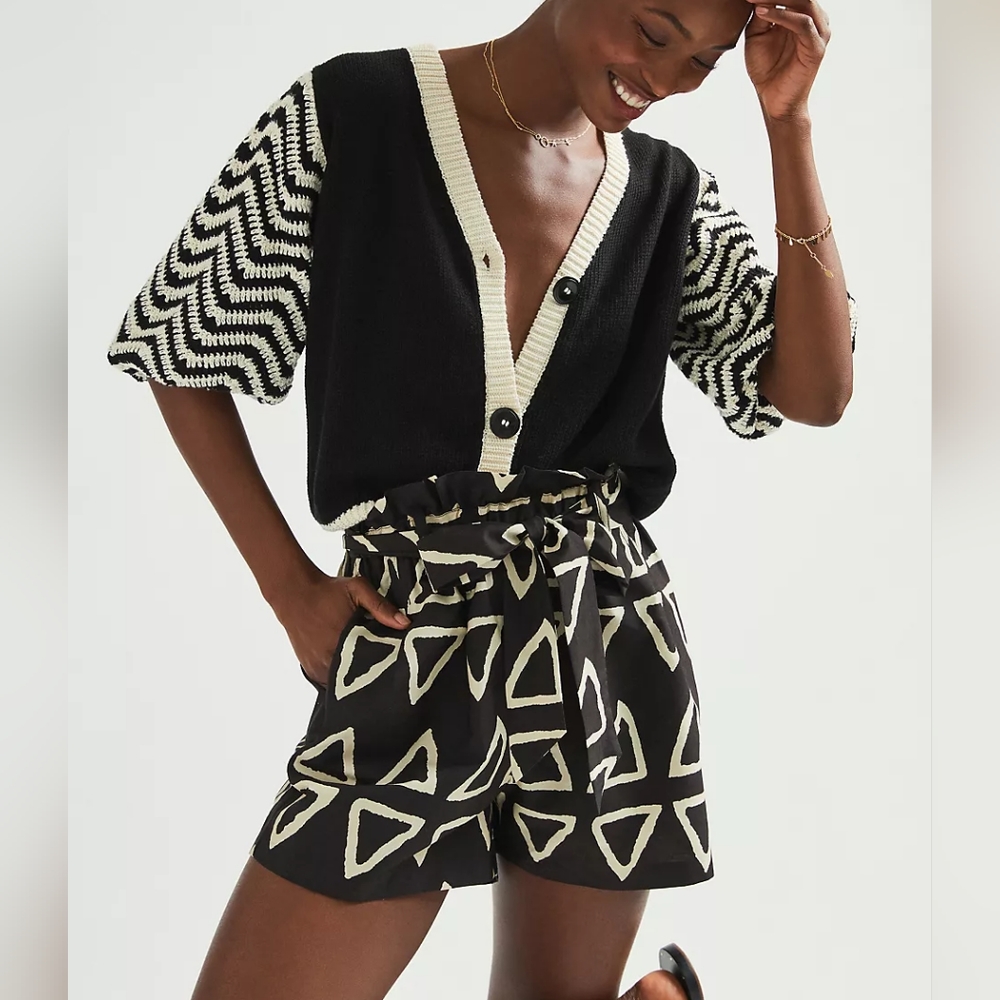 Corey Lynn Calter Black and Cream Geometric Paperbag Waist Shorts